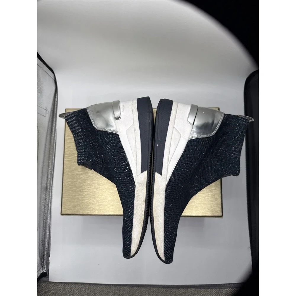 Michael Kors Women's Blue/Silver Knit Ankle Sock Bootie Slip On Wedge Size 8